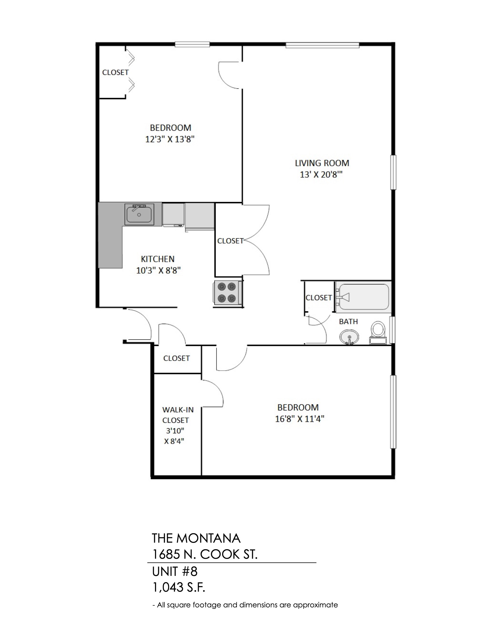 Floor plan for 2 beds, 1 bath, 1043 sqft
